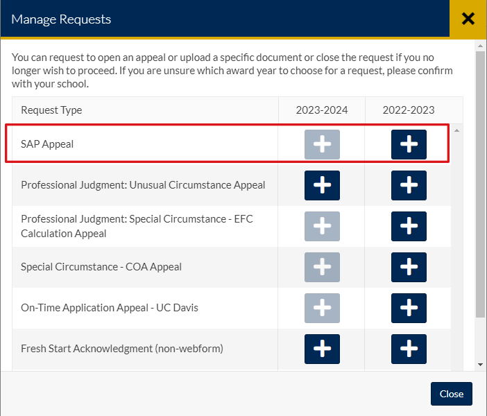 Menu of appeal options with SAP highlighted