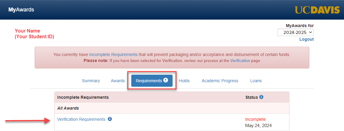 Screenshot of MyAwards with requirements information