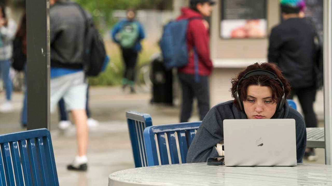 Student looking at laptop while seated outdoor