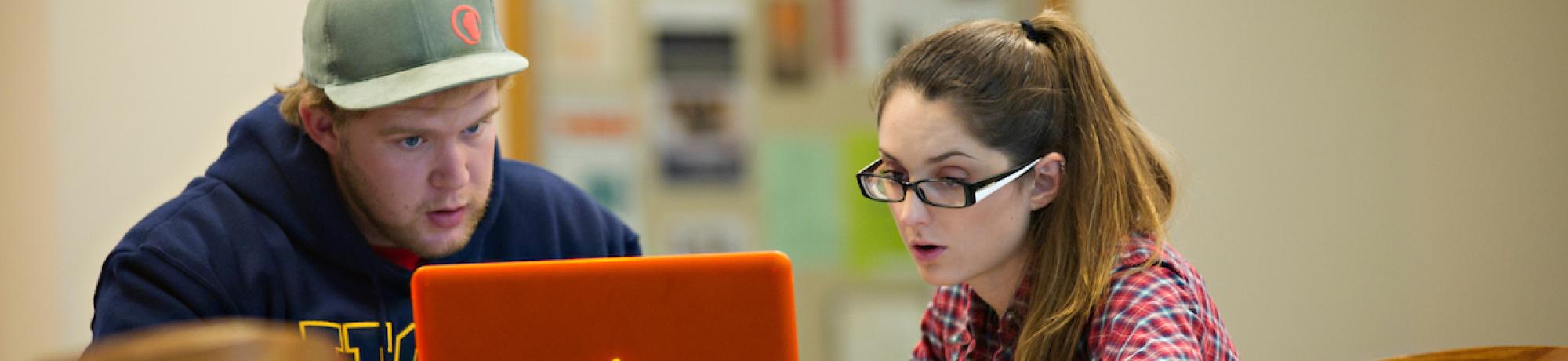 Student tutor working with another student on a laptop