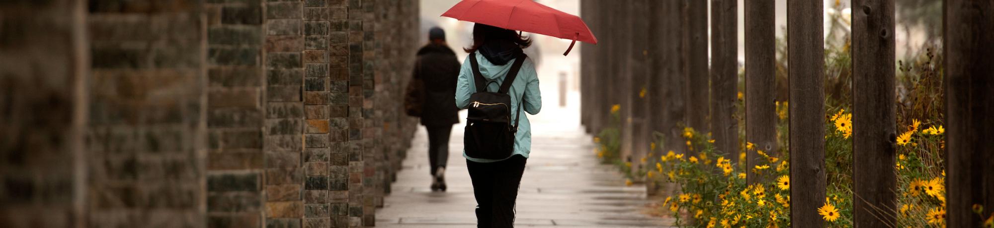 Student walking with pink umbrella
